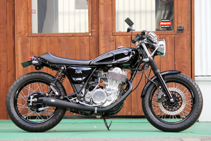 SR400 5型用　グッズ　テーパーコーンマフラー　サイドスタンドストッパー付き